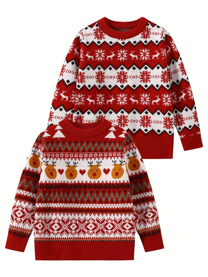 2Pcs, Autumn And Winter New Children's Christmas Knit Sweater Children's Holiday Round Neck Knitted Sweater