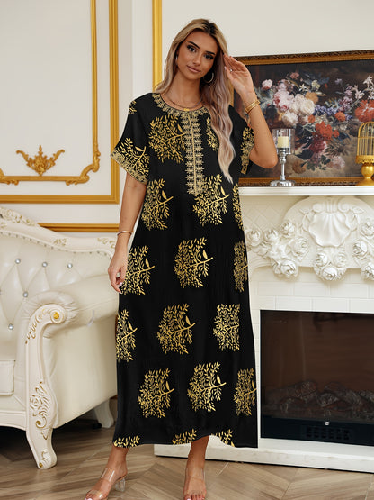 Long Sleeveless Crew Neck Maxi Abaya Dress - Stylish Tribal Pattern, Micro Elastic Polyester Fabric, Elegant Middle East Style - Perfect for All Seasons