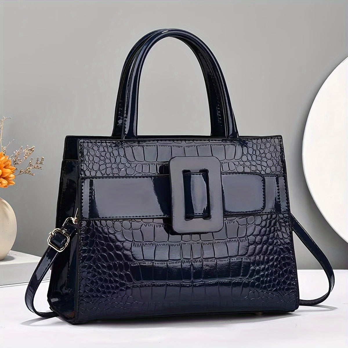 Chic Crocodile-Embossed Handbag with Secure Buckle - Versatile & Spacious for All Occasions