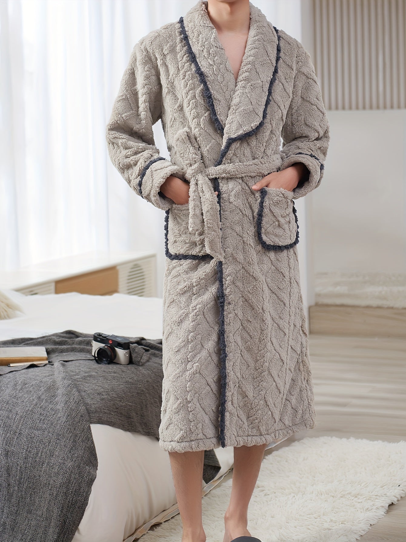 Men's Comfy Solid Fleece Robe Home Pajamas Wear With Pocket One-piece Lace Up Kimono Night-robe Warm Sets After Bath