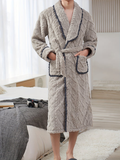 Men's Comfy Solid Fleece Robe Home Pajamas Wear With Pocket One-piece Lace Up Kimono Night-robe Warm Sets After Bath