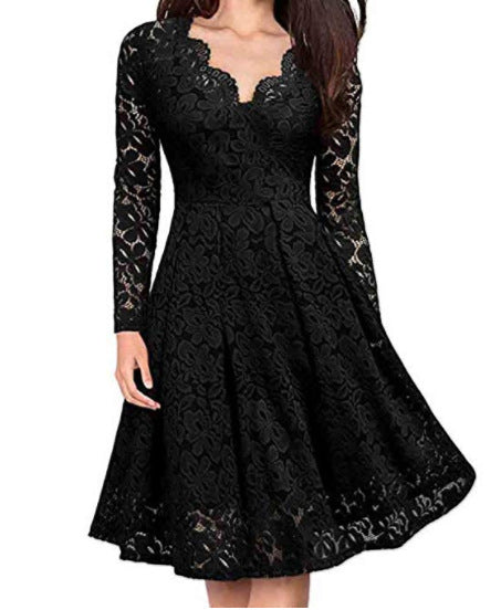 IKEARLAX Christmas Style Women's Clothing Autumn and Winter Clothing Skirt Lace Dress Long Sleeve Inner Wear Bottoming Slimming Temperament Dress Tide