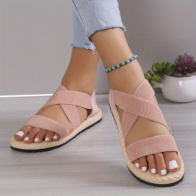 Elegant Women's Flat Sandals – Comfy Slip-On Design, Elastic Ankle Strap for All-Day Wear, Versatile Solid Color, Open-Toe