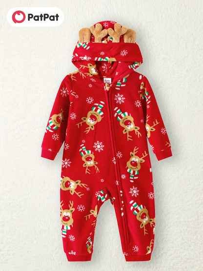 3D Antler Hooded Long Sleeve Red Thickened Polar Fleece PatPat Christmas Party Family Matching Onesies Sets for Winter Outdoors with Adorable Allover Deer Print