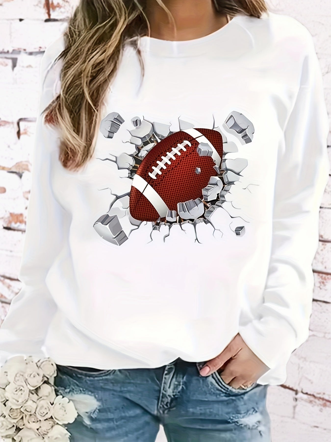 Football Print Sweatshirt, Casual Crew Neck Long Sleeve Sweatshirt, Women's Clothing