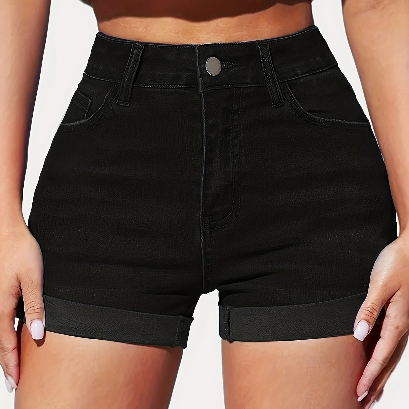 Chic Woven Denim Shorts - Stretchy High-Waist Zip & Cuffed Hem, Machine Washable Sexy Summer Essentials for Women