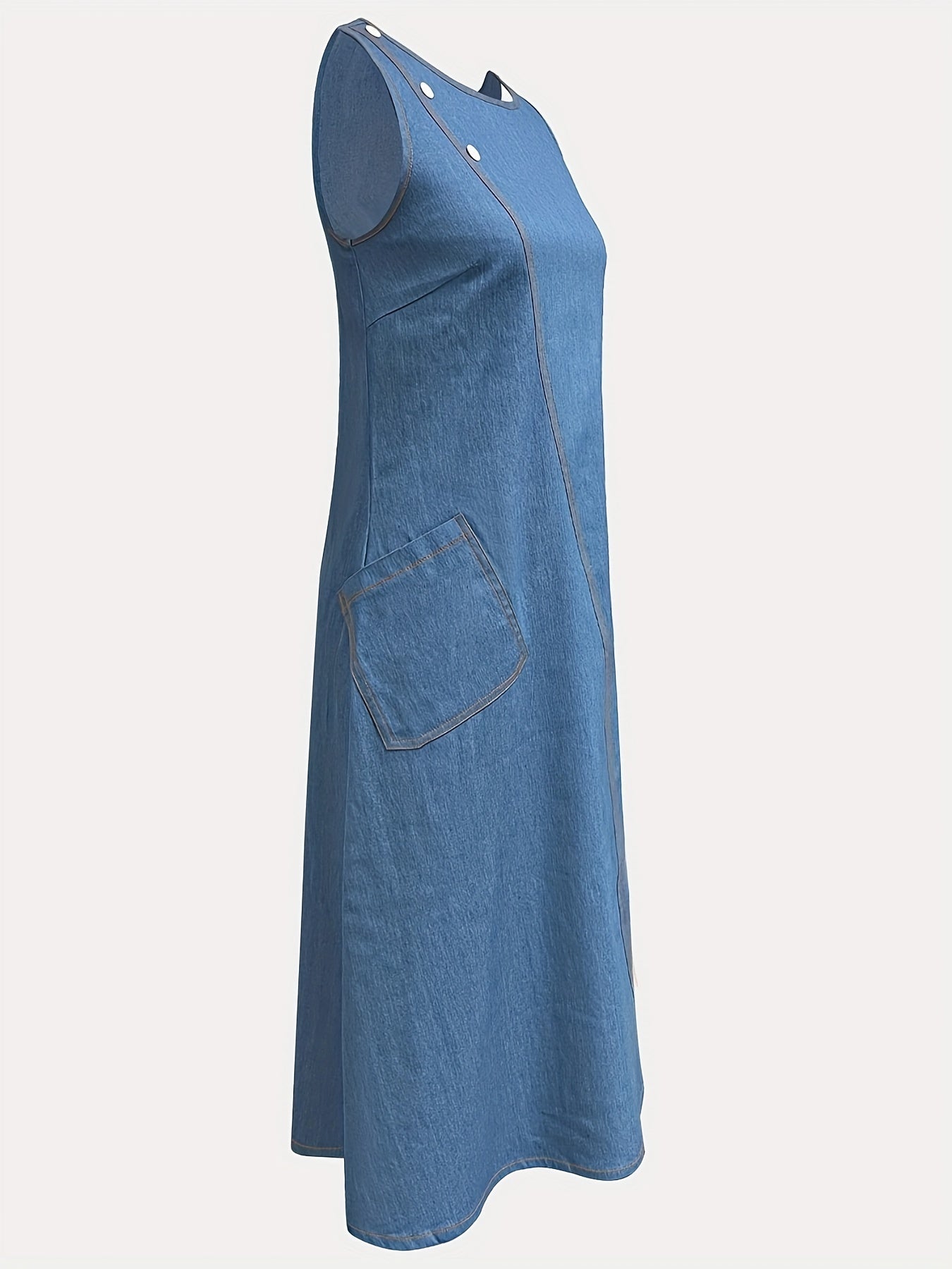 Plain Washed Blue Buttons Casual Style Patch Pocket Sleeveless Maxi Denim Dress, Women's Denim Jeans & Clothing