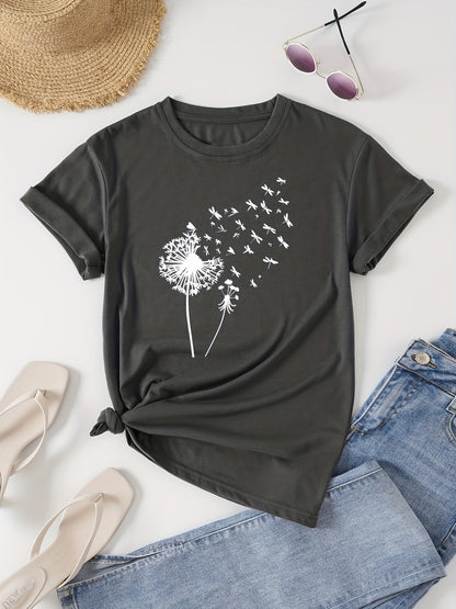 Vibrant Dandelion Print Crew Neck T-Shirt - Soft Micro Elasticity Polyester Fabric, Casual Short Sleeve Top for Spring & Summer, Womens Regular Fit Clothing with Random Plant Pattern