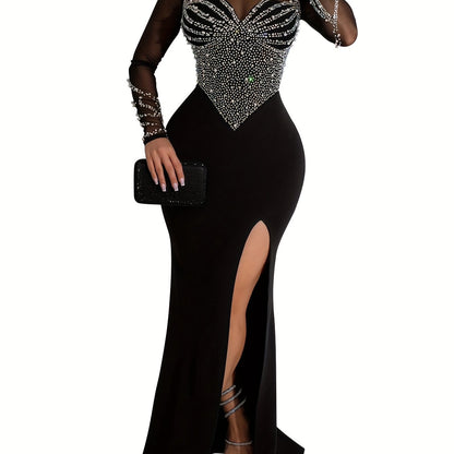 IKEARLAX Long Sleeve Rhinestone Bodycon Dress - Dazzling Embellishments, Flattering Mock Slit, Elegant Mesh Splicing - Perfect for Womens Formal Events, Parties, and Banquets