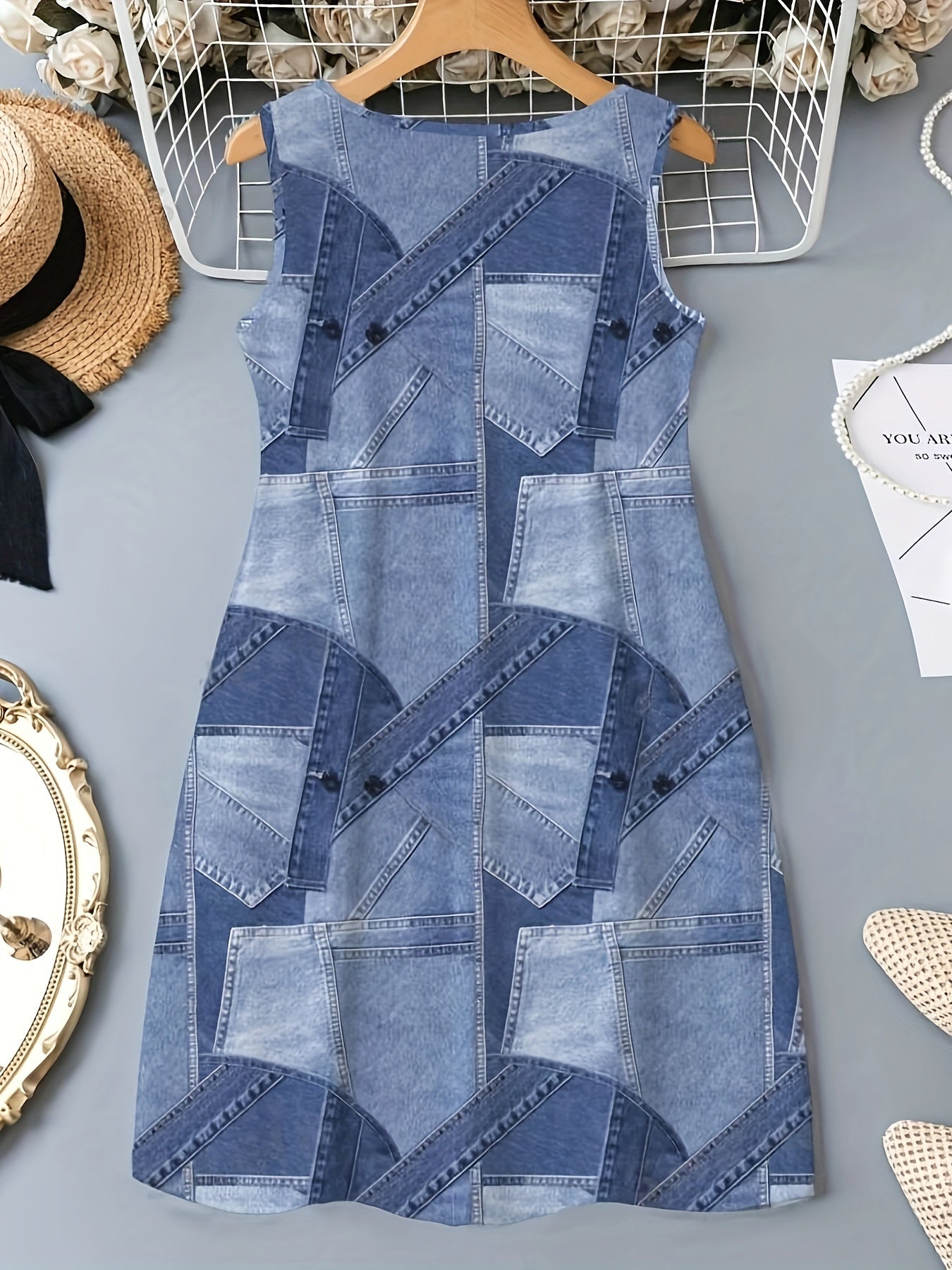 Stylish Faux Denim Patchwork Print Sleeveless Round Neck Retro Style Dress For Women