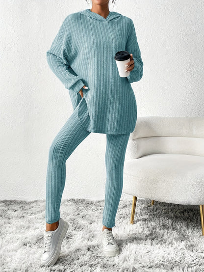 Cozy Ribbed Two-Piece Set - Soft Casual Long Sleeve Hooded Top with Drawstring and Skinny Pants Outfits - Comfortable Women's Clothing for Everyday Wear