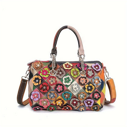 Floral Pattern Leather Handbag - Genuine Leather, 3D Floral Top Handle, Satchel Shoulder Crossbody Bag, Tote Bag Style, Black and White Color