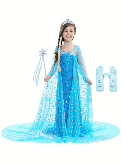 Girl's Princess Dress With Accessories Sets, Sequin Decor Long Sleeve Dress, Tulle Cloak, Ice And Snow Queen Cosplay Outfits, Halloween Holiday Party Prom Birthday Performance Costume, Kids Clothes