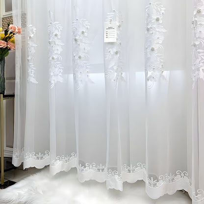 2pcs French Embroidery White Yarn Aesthetic Flowers Faux Pearl Beads Embroidery Window Yarn Curtain For Bedroom Living Room Office Home Decor