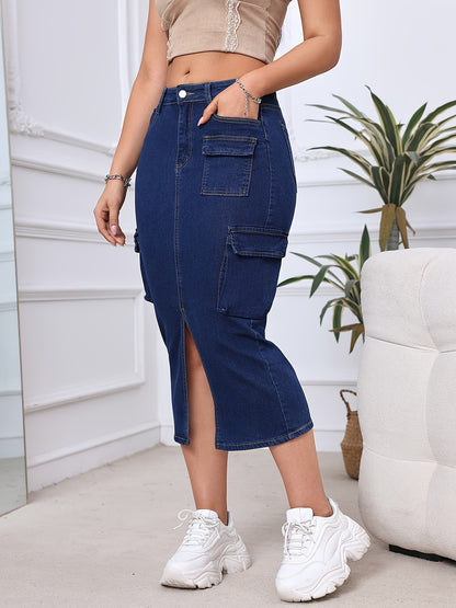 High-Rise Women's Ashed Blue Cargo Midi Denim Skirt with Split Front Side Flap Pocket, Plain Style