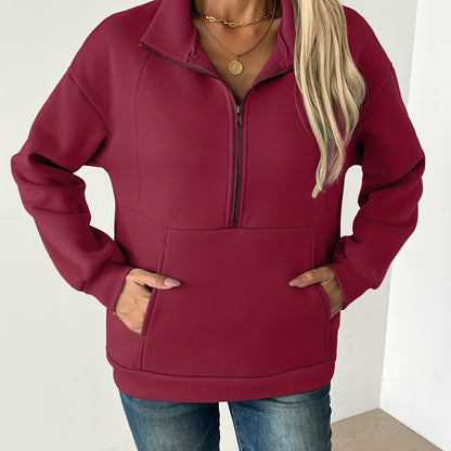 Cozy Solid Half-Zip Pullover Sweatshirt - Soft, Casual, Long Sleeve, Kangaroo Pocket, Fall & Winter Essential - Women's Comfortable Clothing for Chilly Days