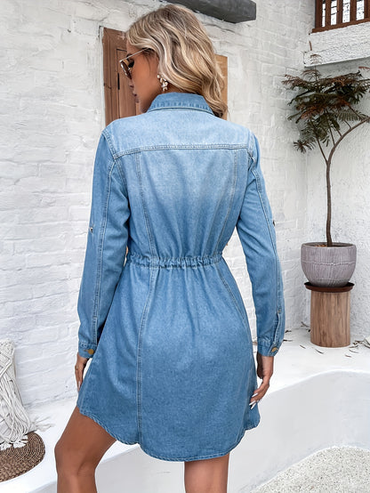 Plain Washed Blue Drawstring Waist Single-breasted Casual Denim Shirts Dress, Women's Denim Jeans & Clothing