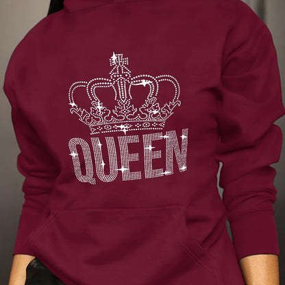 Queen Print Hoodie, Drops Shoulder With Pocket Sweatshirt, Women's Clothings