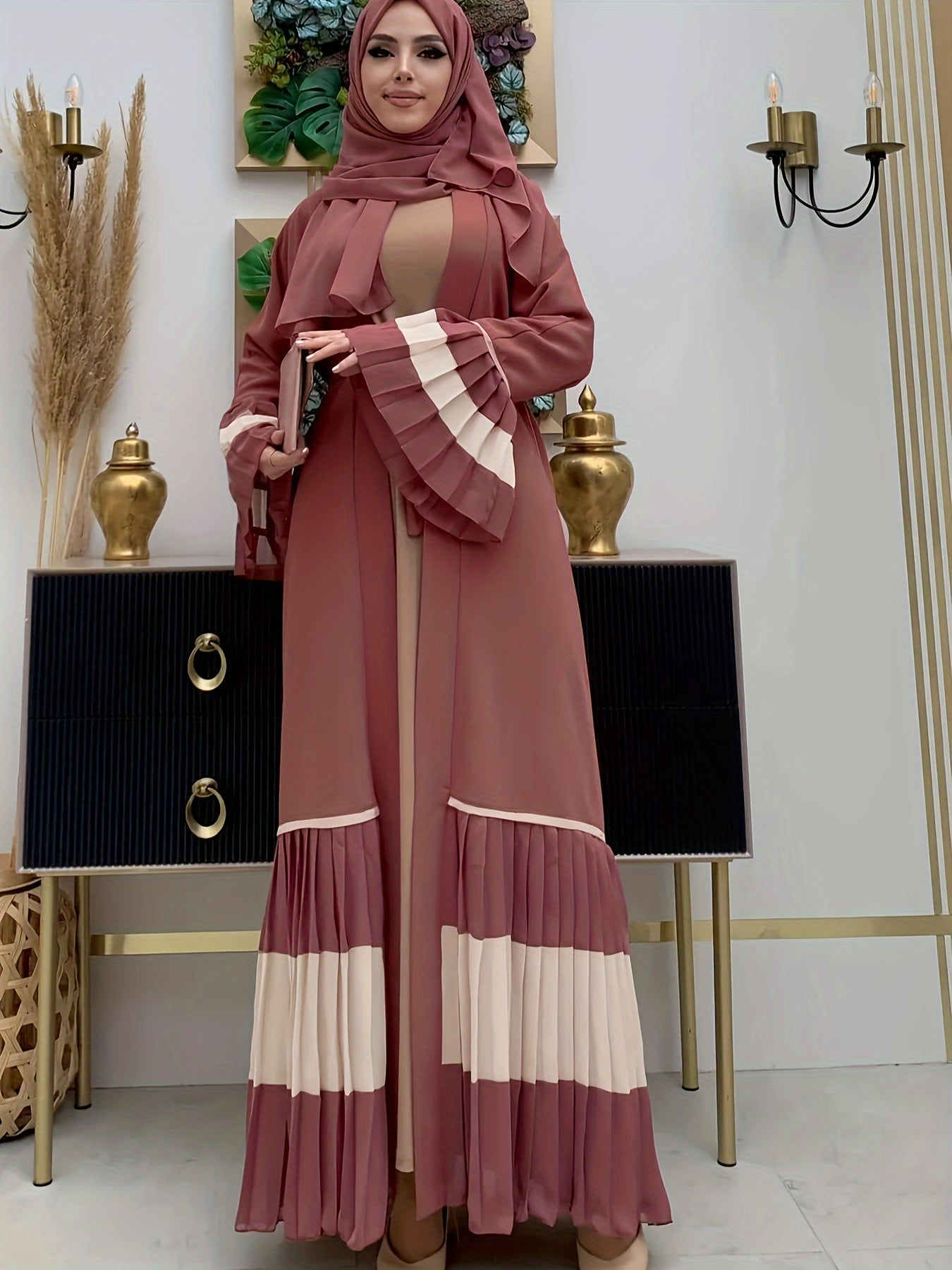 Elegant Long Sleeve Maxi Abaya Dress - Soft Polyester Fabric, Micro Elasticity, Machine Washable, Solid Color, Spring/Summer/Fall Wear, Frill Details - Womens Elegant Clothing for Special Occasions