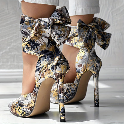 Chic Floral Satin Stiletto Sandals with Lace-Up Closure, Elegant Pointed Toe Design, Strappy Ultra High Heels for Evening Elegance