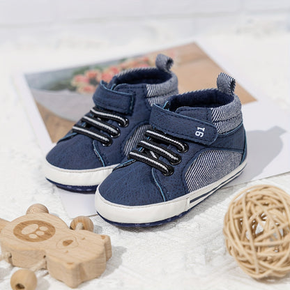 Ankle-High First-Walker Boots for Baby Boys - Soft, Non-Slip, Hook-and-Loop Fastener, Fabric Lining, Round Toe, PU Upper, Perfect for Indoor Walking, Fall and Winter Seasons