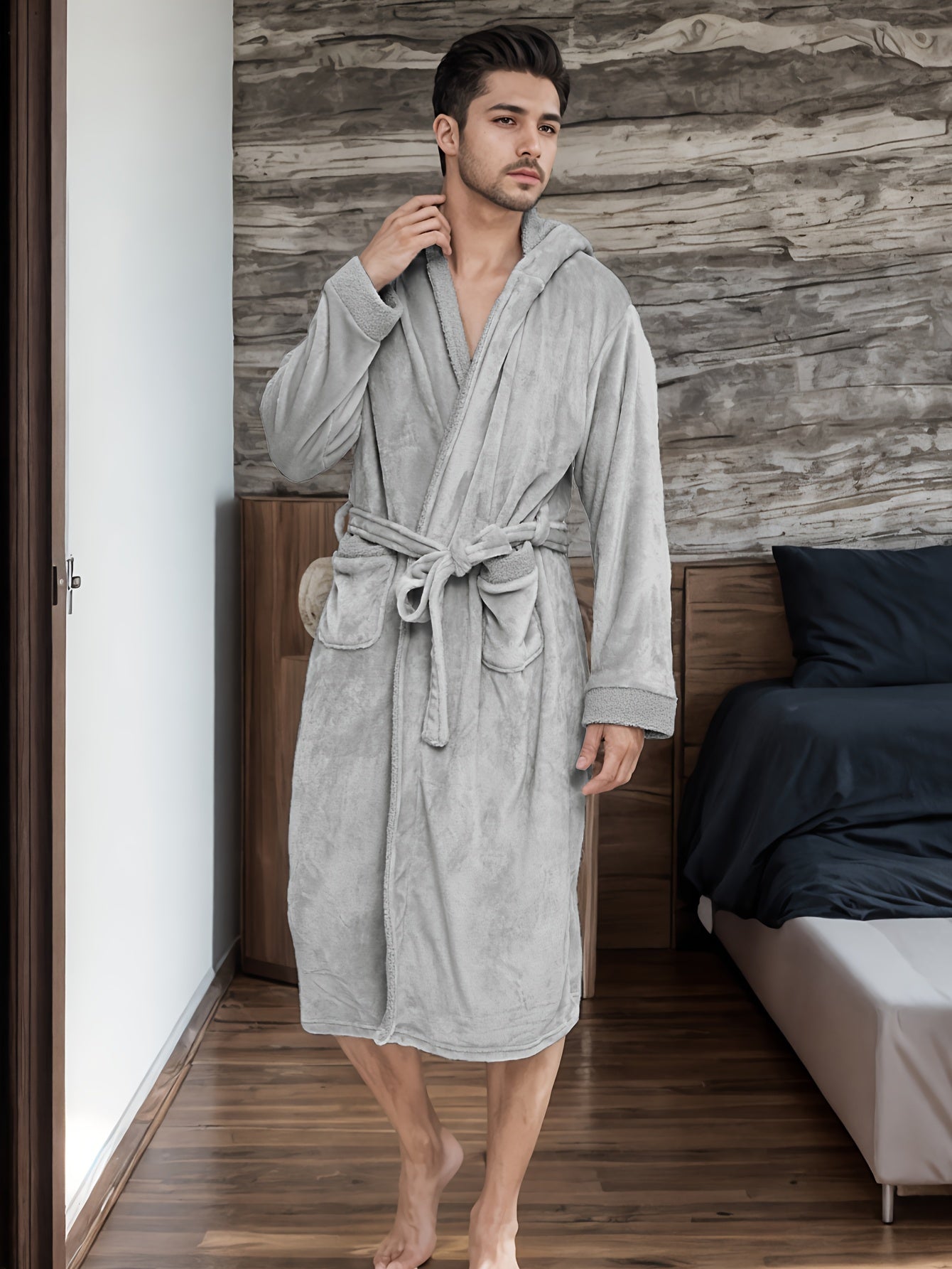 Men's Elegant Solid Hooded Flannel Plush Bathrobe, Soft, Cozy, Casual Long Sleeve Robe With Belt And Pockets, Autumn/Winter