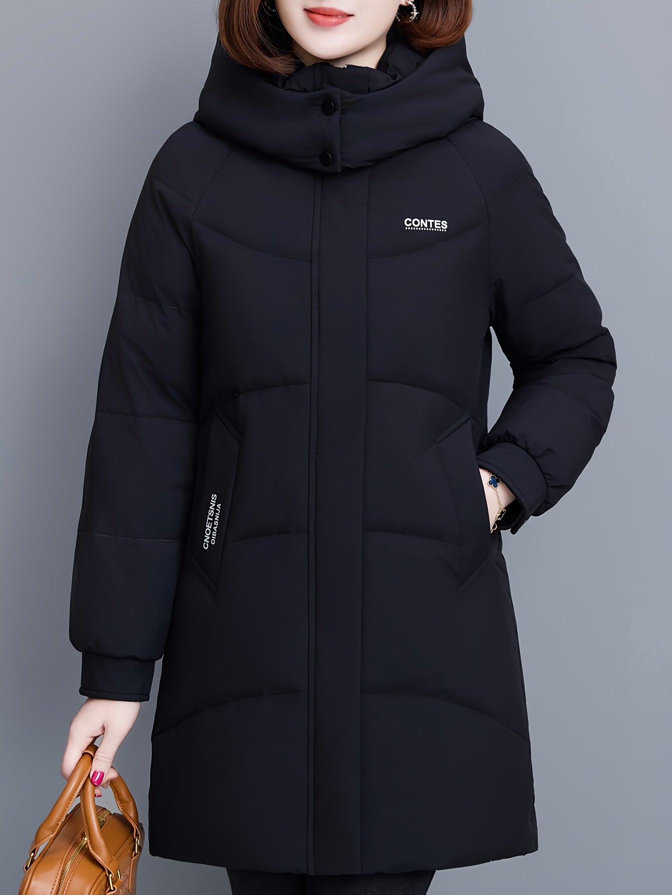 Elegant Thickened Long Hooded Slim-Fit Age-Reducing Polyester Coat Warm Solid Color with Zipper for Winter