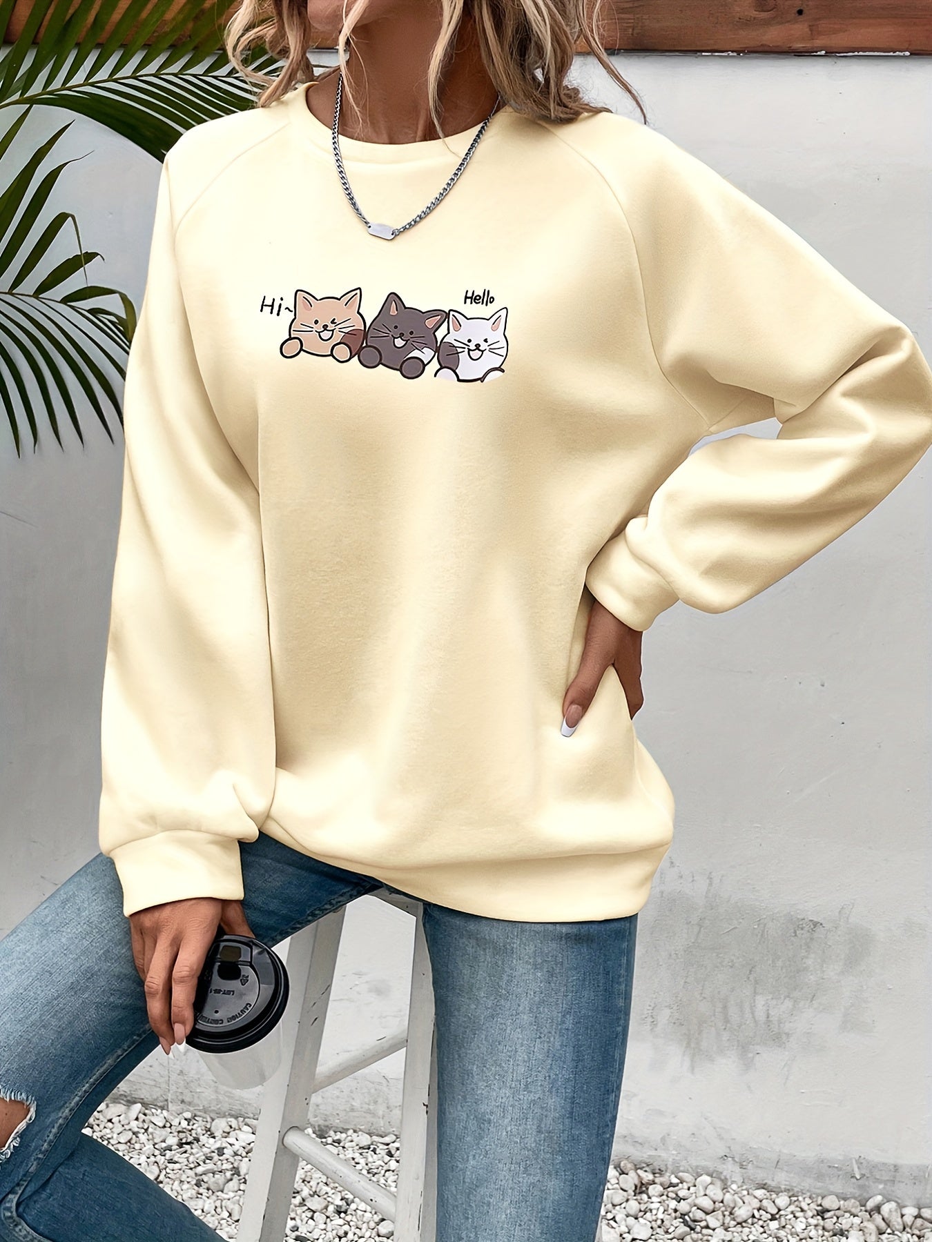 Cozy Fall/Winter Cat Print Sweatshirt - Easy-Care, Micro-Elastic, Casual Style for Women