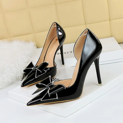 High heels banquet women's shoes side hollow shallow mouth pointed rhinestone bow high heels single shoes