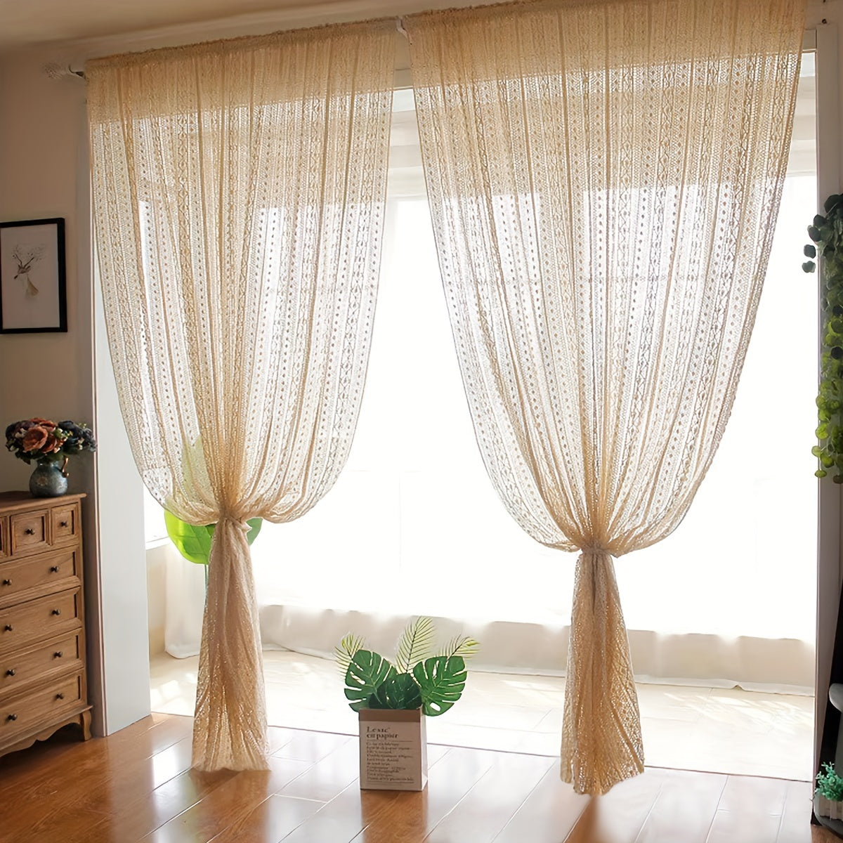 1-Panel Japanese Style Hollow Striped Sheer Curtain - Exquisite Crochet Style Argyle Pattern Design with Delicate Textures, Rod Pocket Curtain for Easy Installation and Smooth Sliding, Simple yet Elegant Design - Perfect for Adding a Touch of Elegance to