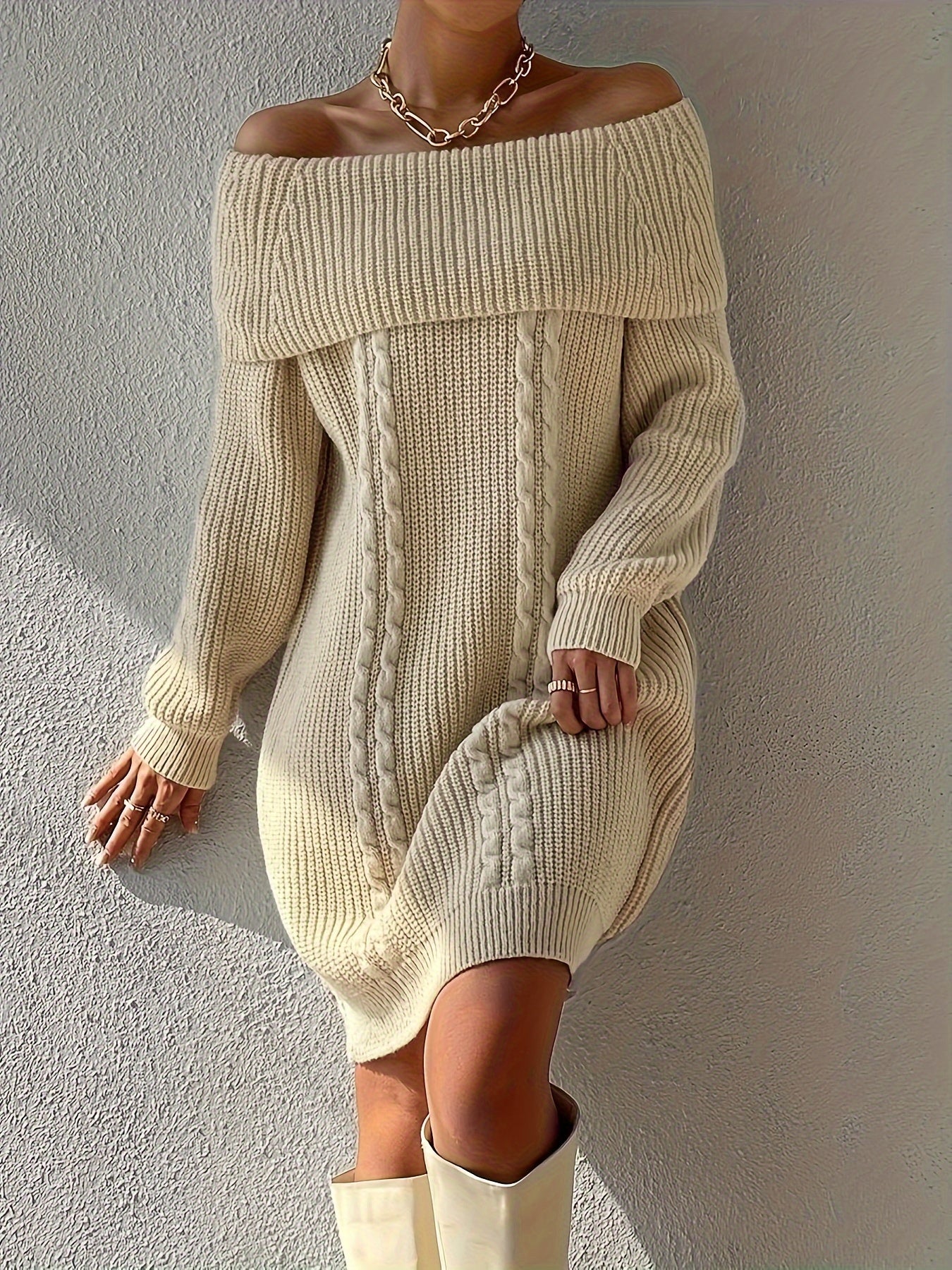 Stylish Plus Size Cable Knit Off Shoulder Sweater Dress - Women's Plus Size Sweater Dresses with Long Sleeves and Chic Design - Cozy Winter Fashion for Curvy Women