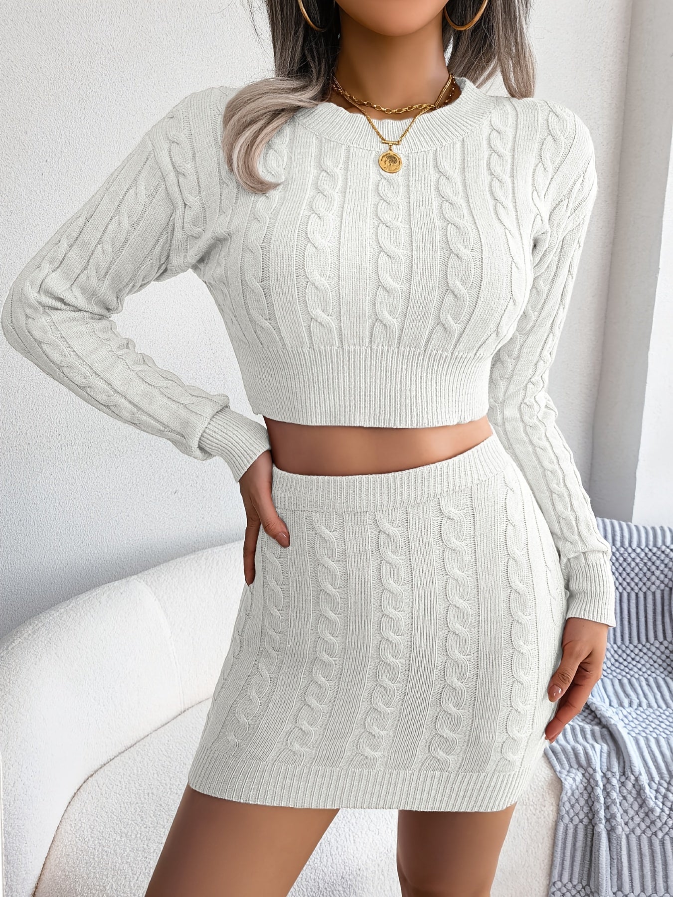 Two-Piece Bodycon Cable Knit Skirt Suit - High-Elasticity Viscose Fabric, Long Sleeve Crop Top, High-Waisted Slim Skirt, Solid Color, Hand Washable, Fall/Winter Casual Wear for Women