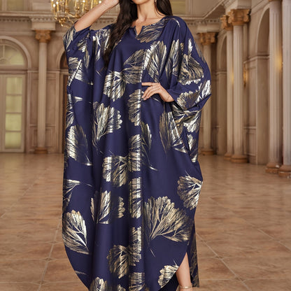 Vibrant Tribal Print Notched Neck Maxi Kaftan Dress - Loose Fit, Micro Elastic Polyester, Elegant Batwing Sleeve, Random Pattern, Middle Eastern Style, Spring to Fall Wear