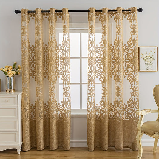 1pc Luxurious Golden Jacquard Window Sheer Curtain for Living Room, Bedroom, Balcony - Elegant Home Decor Window Treatment