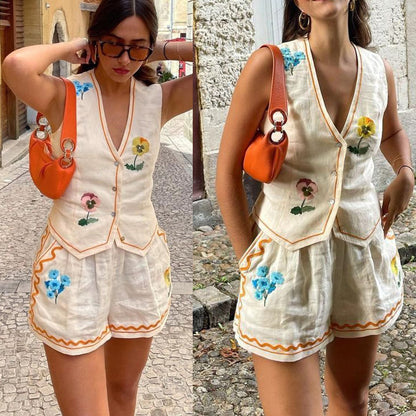 Cross-Border  European and American Spring/Summer New Sleeveless Printing Vest Suit Ins Casual Loose Vacation Two-Piece Set for Women