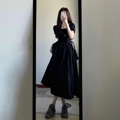 IKERRLAX Spring and Summer  Hepburn Style Temperament Dress Western Style Slimming Puff Sleeve Small Black Long Skirt