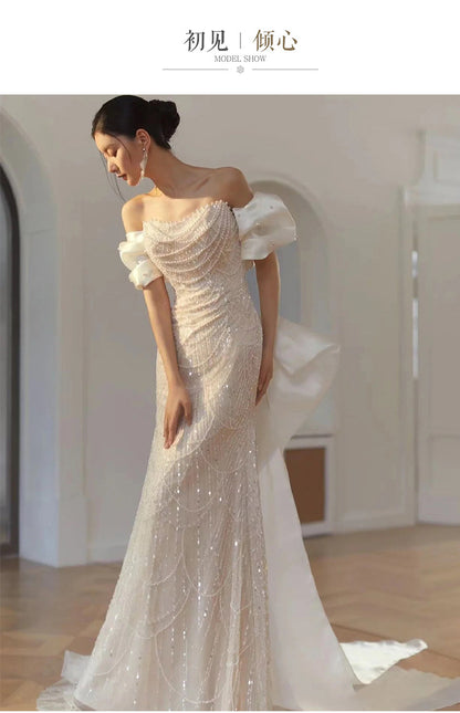 IKEARLAX  Advanced Heavy Industry Thin and Glittering Light Wedding Dress  New Temperament Entry Lux Fishtail High-End Luxury Bride off-the-Shoulder Gown