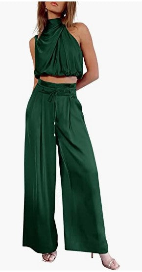 New Cross-Border E-Commerce Women's Casual Sleeveless Collar Two-Piece Suit Wide-Leg Pants for Summer Midriff-Baring Top