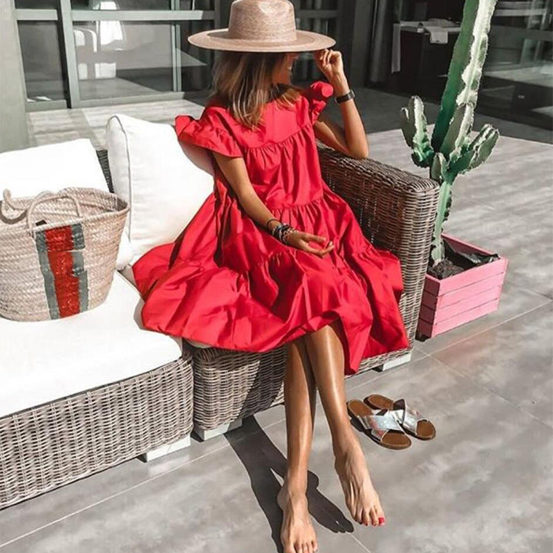 ikearlax Summer HOTan and NEWn Style Women's Clothing Loose Pleated Short Sleeve Dress Women's Solid Color Casual Jumpsuit Skirt