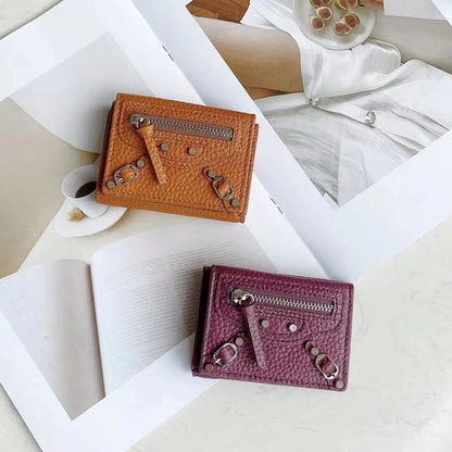 HOTan and NEWn Compact Mini Wallet Leather Wallet Women's Short and Thin Motorcycle Coin Purse Tri Fold Wallet Liu Ding