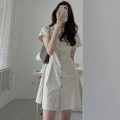 ikearlax South Korea Summer Simplicity Temperament Lapel Single Breasted Cinched Slimming Short Sleeves Shirt Style Small Size Dress