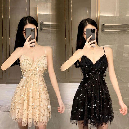 IKERRLAX New Korean Style Sexy Tassel Sequined Backless Dress Beach Dress Suspender Skirt Nightclub Skirt Tulle Skirt