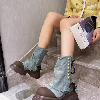 Design Pants Boots Women  Autumn and Winter Niche Korean Style Doll Head Muffin Cowboy Boot Fashion Short Boots Smoke Pipe Boots