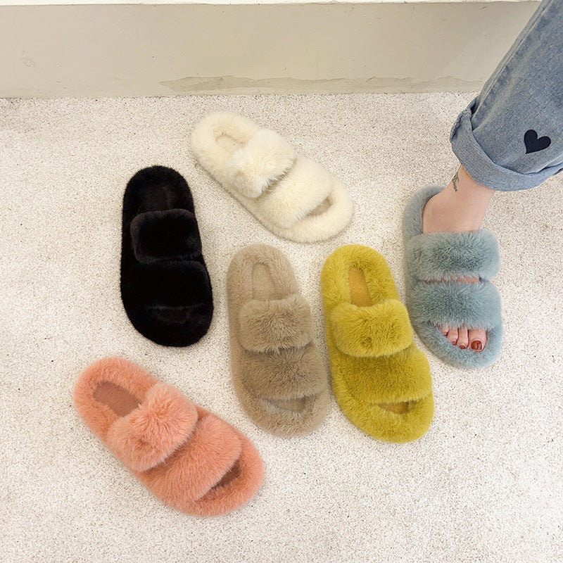 Autumn and Winter New Outdoor Women's Fluffy Shoes One-Strap Women's Plush Slippers Korean Casual Home Wool Sleeper