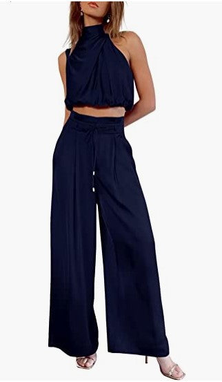 New Cross-Border E-Commerce Women's Casual Sleeveless Collar Two-Piece Suit Wide-Leg Pants for Summer Midriff-Baring Top