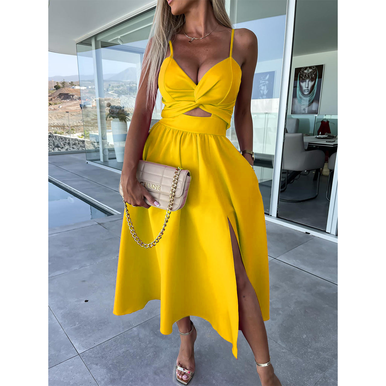 IKEARLAX  Foreign Trade 23 Summer New Fashion Socialite Deep V-neck Hollow-out Big Slit Hemline Camisole Gown Dress 23017