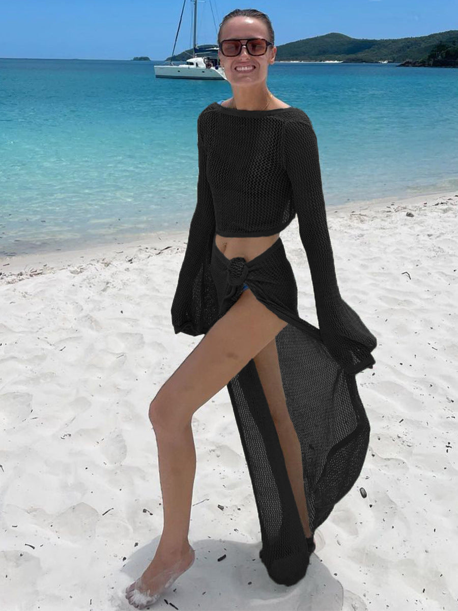 Hollow out Long Sleeve Knitted Two-Piece Short Top  Cross Border Beach Seaside Sexy Lace-up Skirt Suit