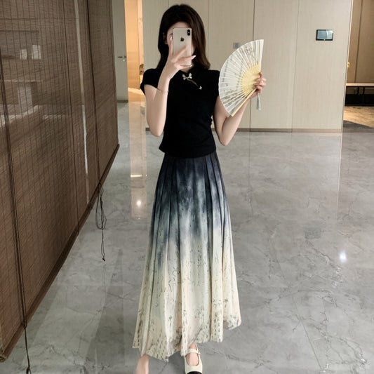 New Chinese Style Casual Suit Skirt for Women Summer  New Elegant Slimming Ink Painting Horse-Face Skirt Skirt Two-Piece Set