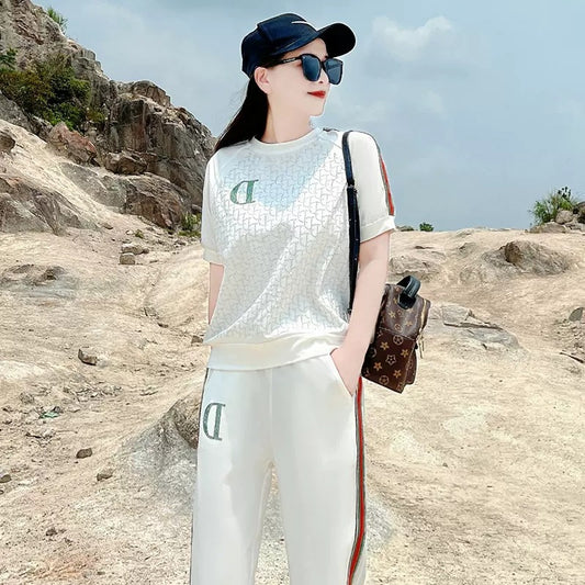 Leisure Sports Suit Women's Summer  New Fashion Fried Street Western Style Youthful-Looking Thin White Pure Cotton Two-Piece Suit Fashion