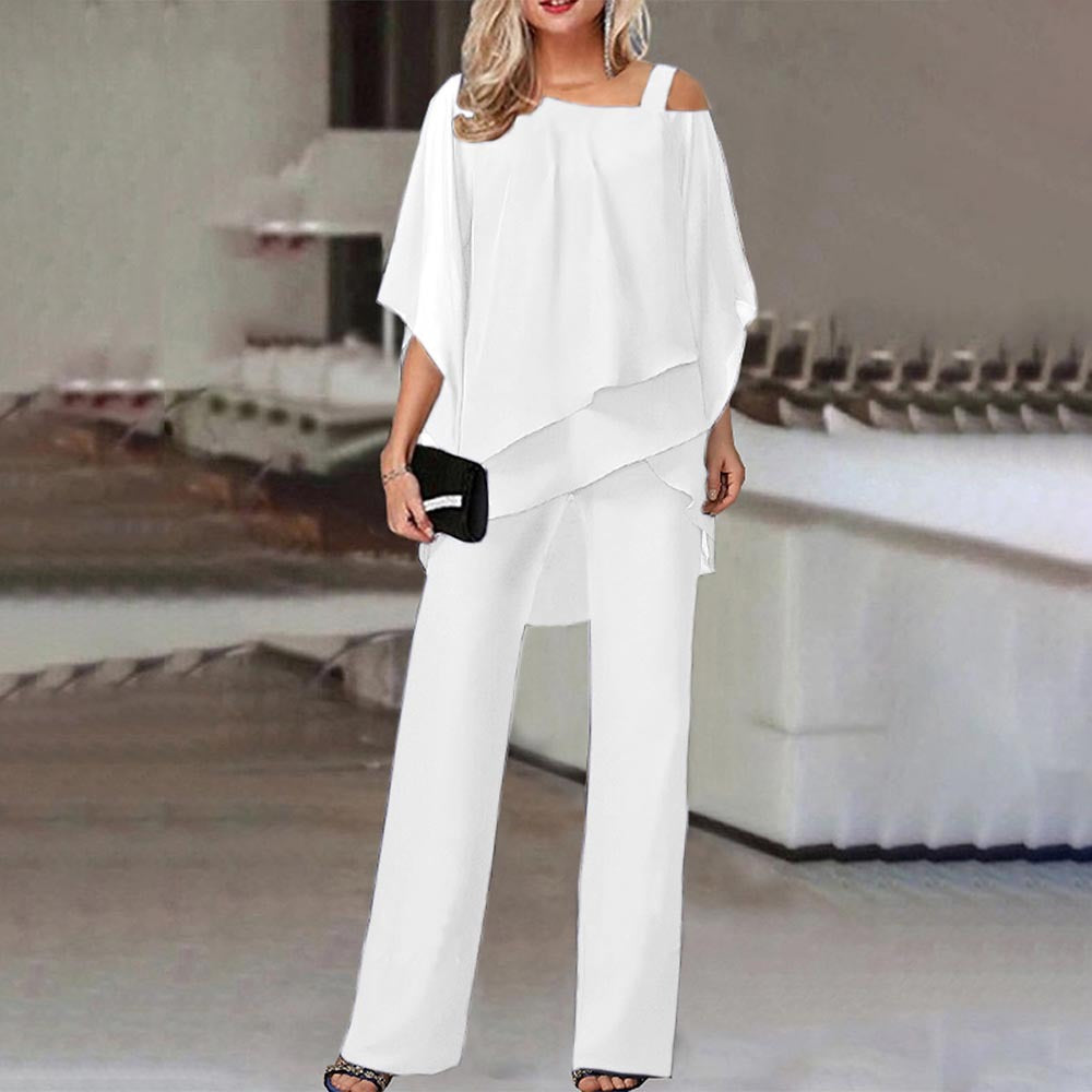 Batwing Sleeve Top and Trousers Women's Casual Strapless Irregular Party Suit Elegant Two-Piece Set  Spring, Summer, Autumn 66